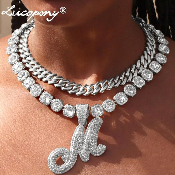 Women's Silver Cuban Link Chain Necklace 14mm Initial Hip Hop Jewelry - Picture 2 of 7
